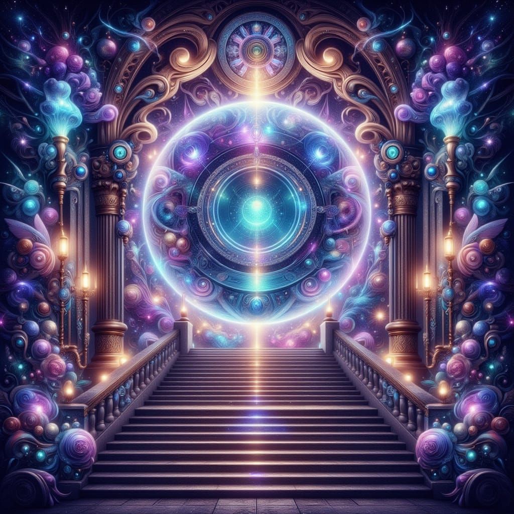 Celestial Portal Above Stone Steps in Dreamlike Style