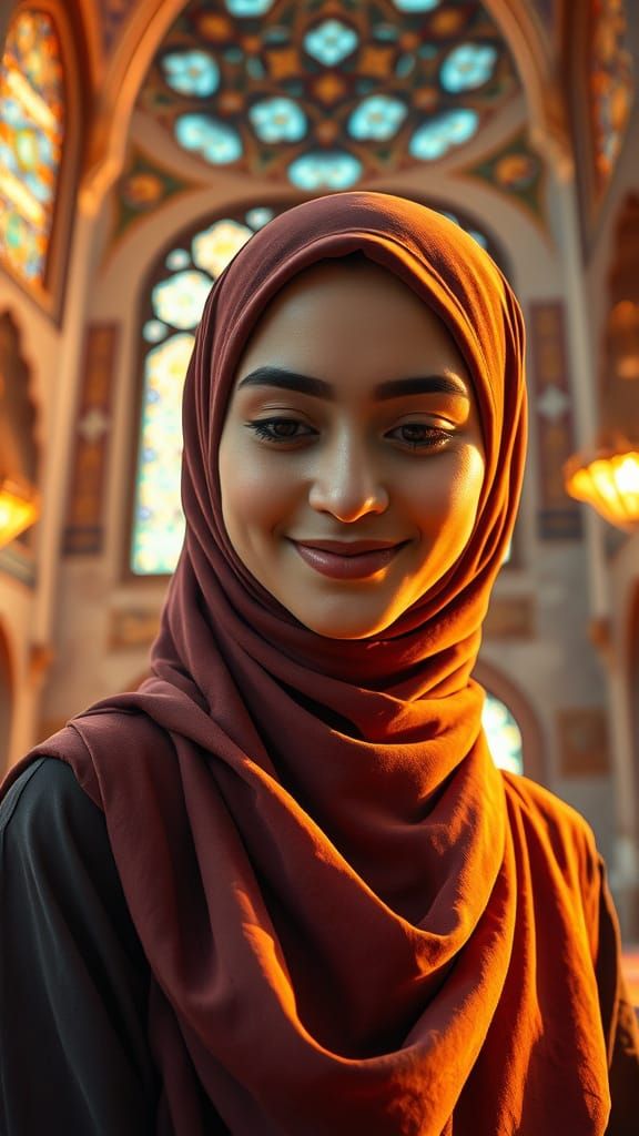 A Young Woman in a Vibrant Mosque Interior, Exuding Kindness...