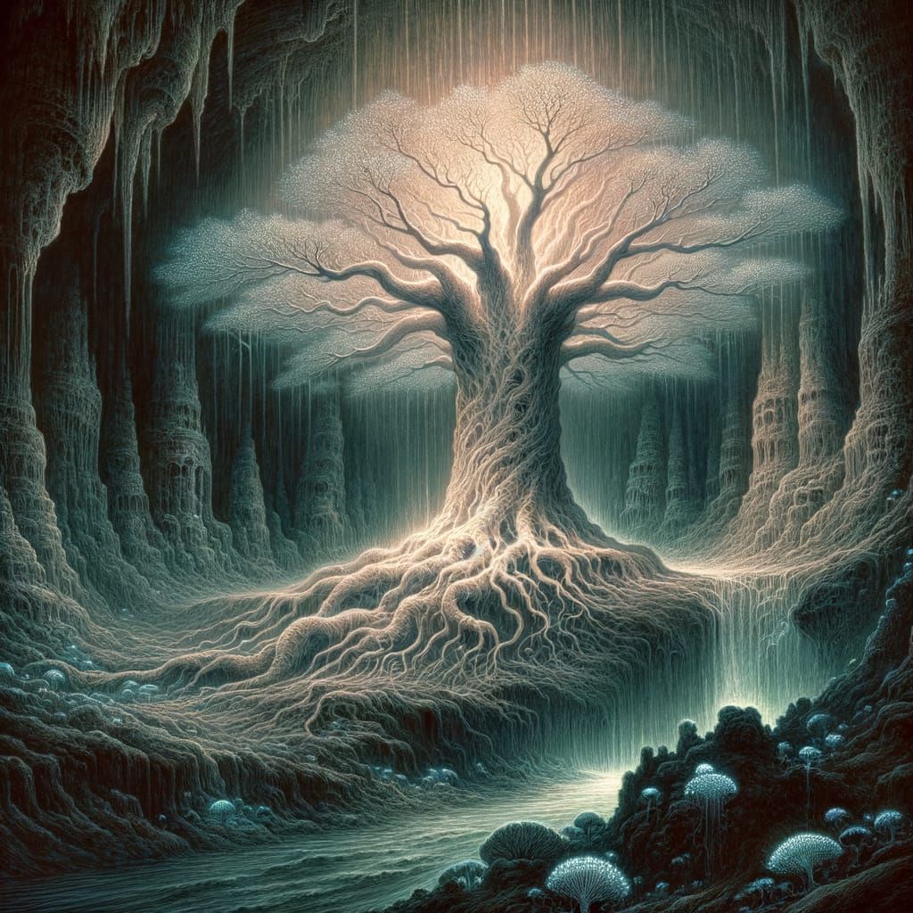 Ancient Tree Roots Descend to Subterranean River with Biolum...