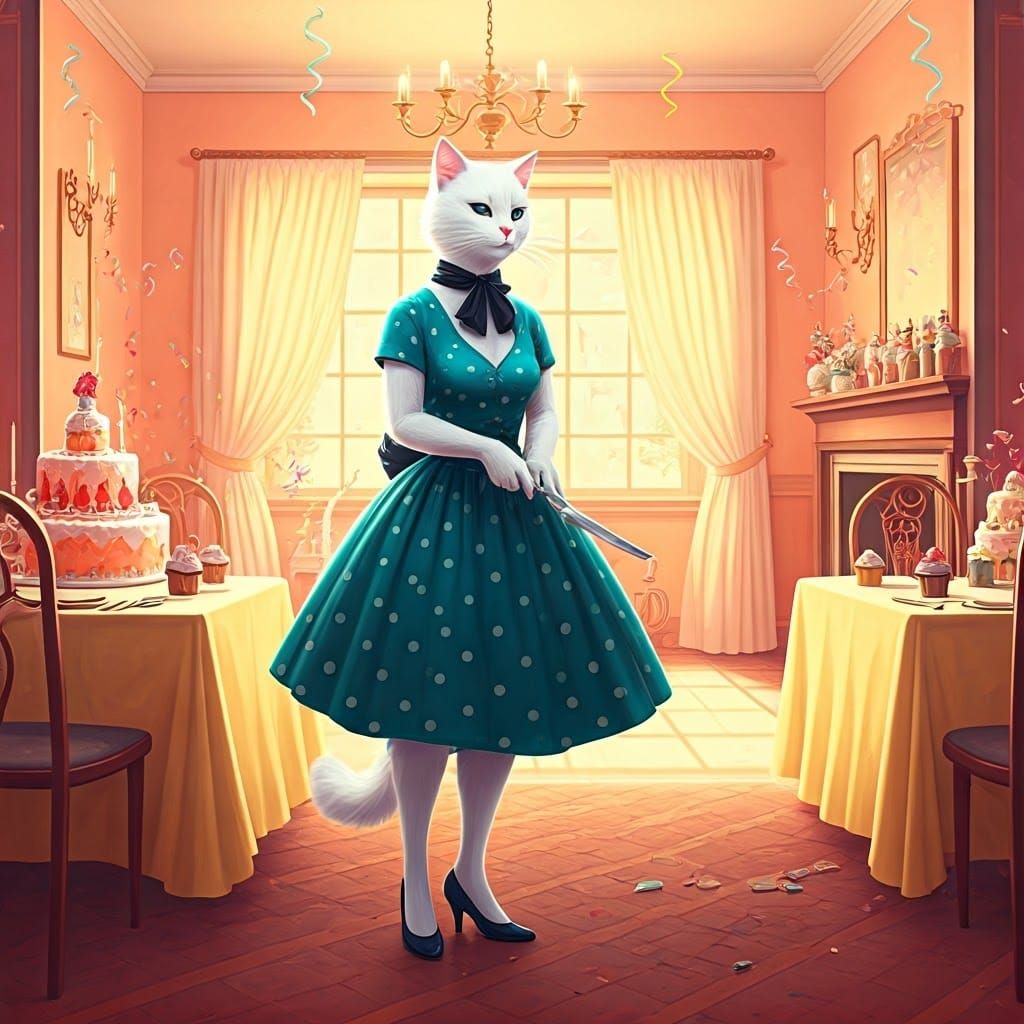 Retro 50s Cat Birthday Party in Manga Style