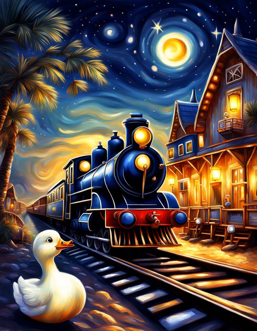 Train at Sunset with a Happy Duck