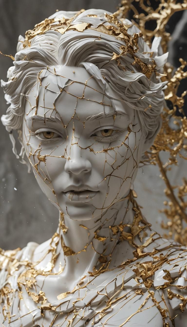 Golden Kintsugi Repair on Shattered Porcelain Statue