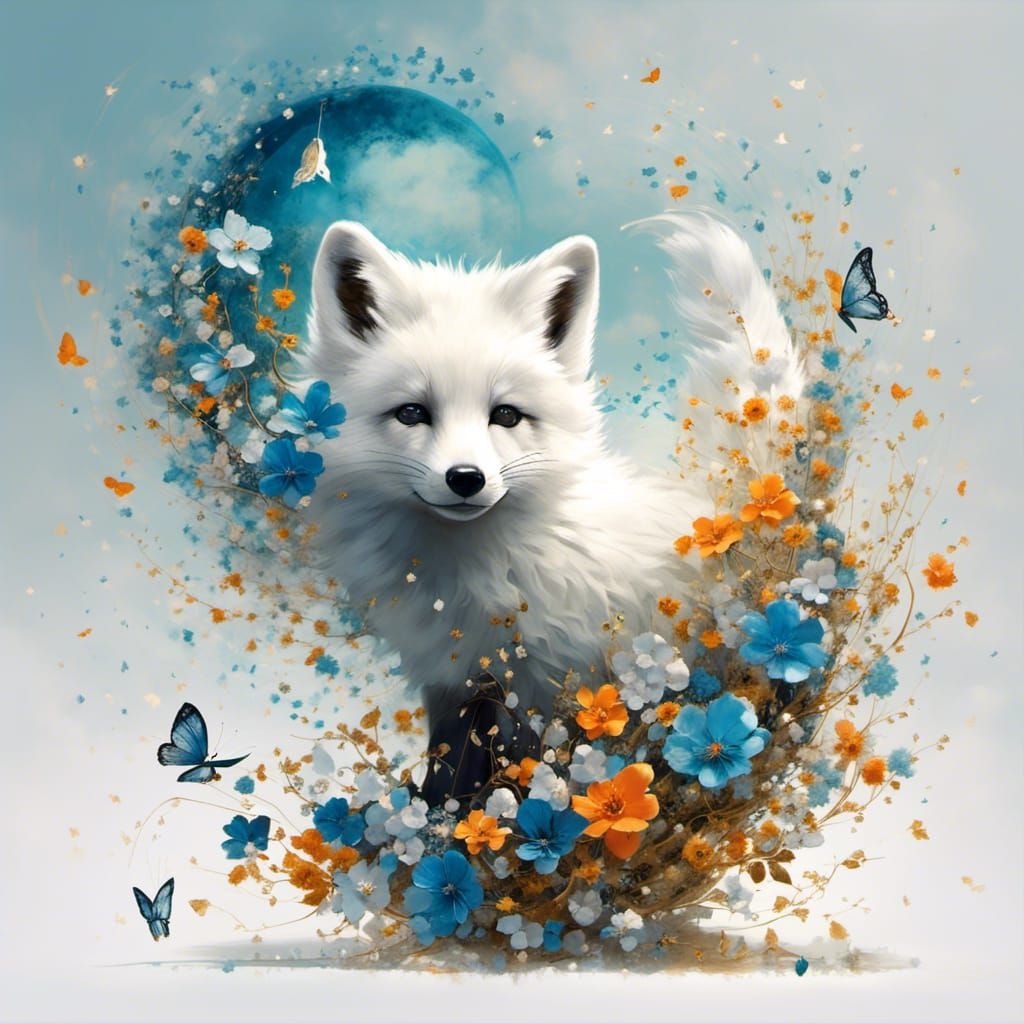 Arctic Fox Collage with Blossoms and Intricate Details