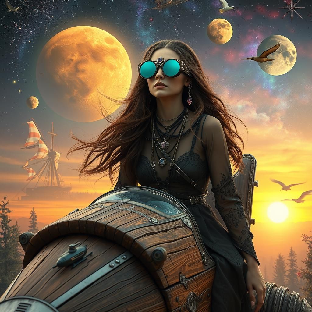 Surreal Woman on Spaceship in Dreamlike Galaxy