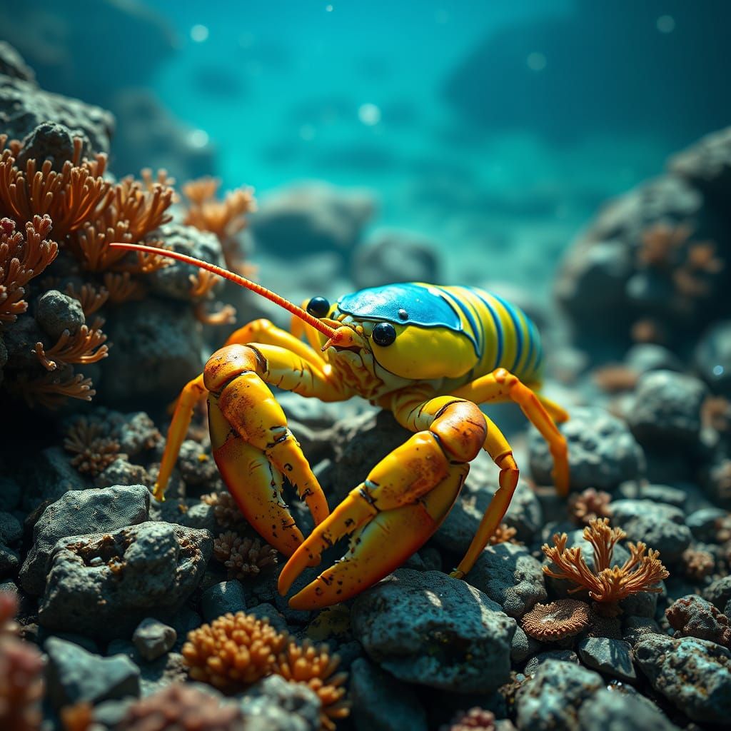 Blue and Yellow Lobster on Ocean Floor