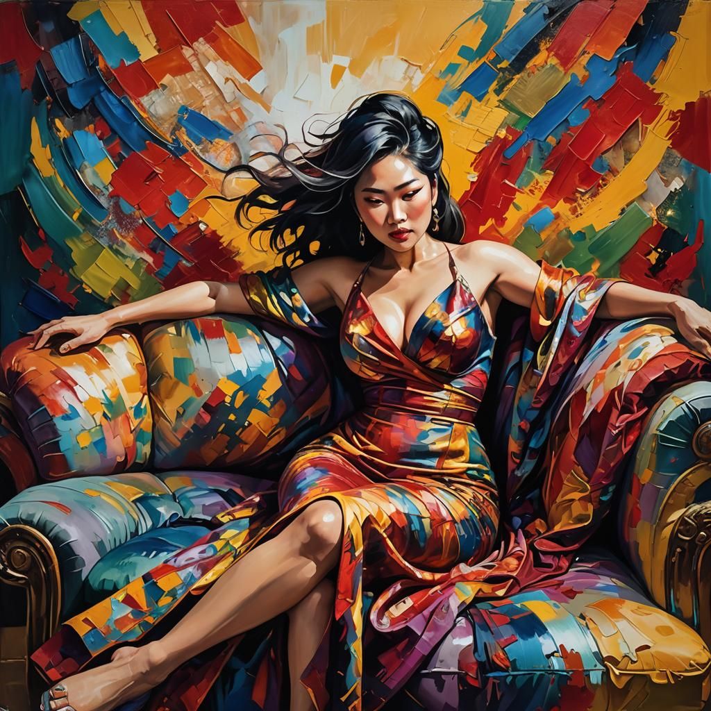 Voluptuous Asian Woman in Abstract Expressionist Style