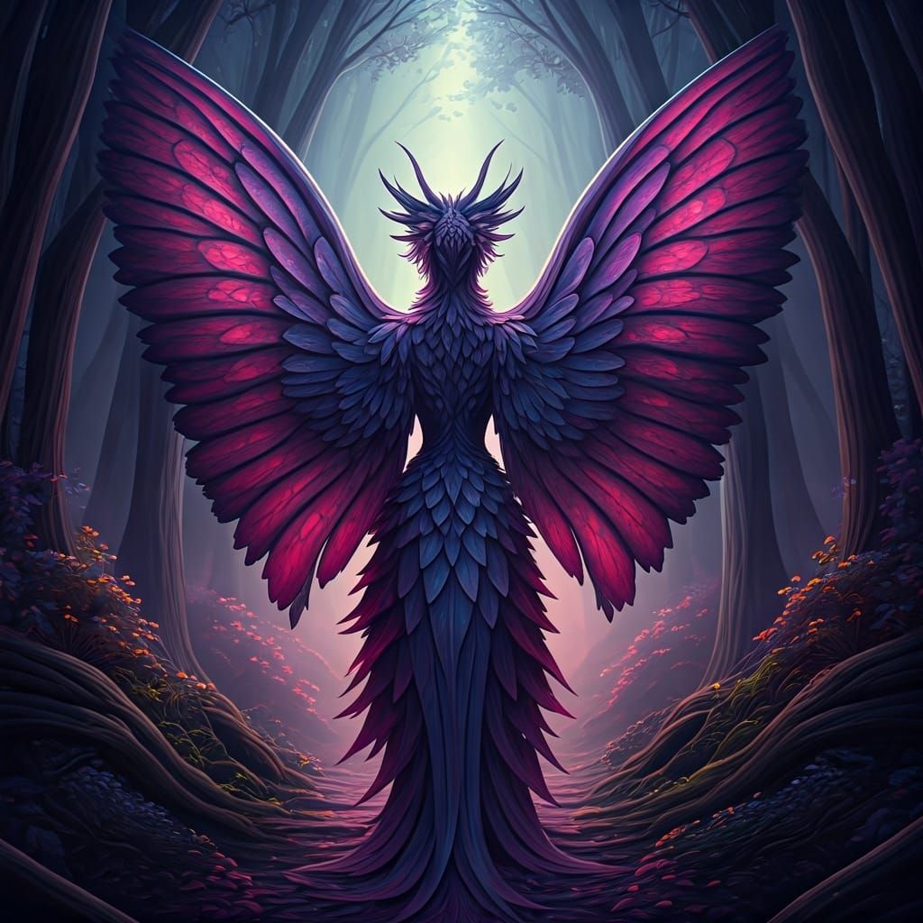 Mystical Creature with Iridescent Wings in Enchanted Forest