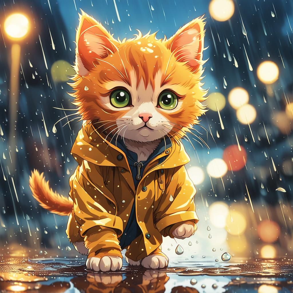 Ginger Kitten in Raincoat, Vibrant Anime Style