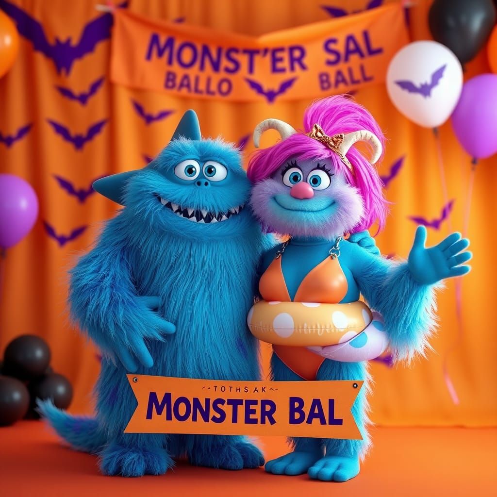 Monster Halloween Ball with Fluffy Creatures in Costume