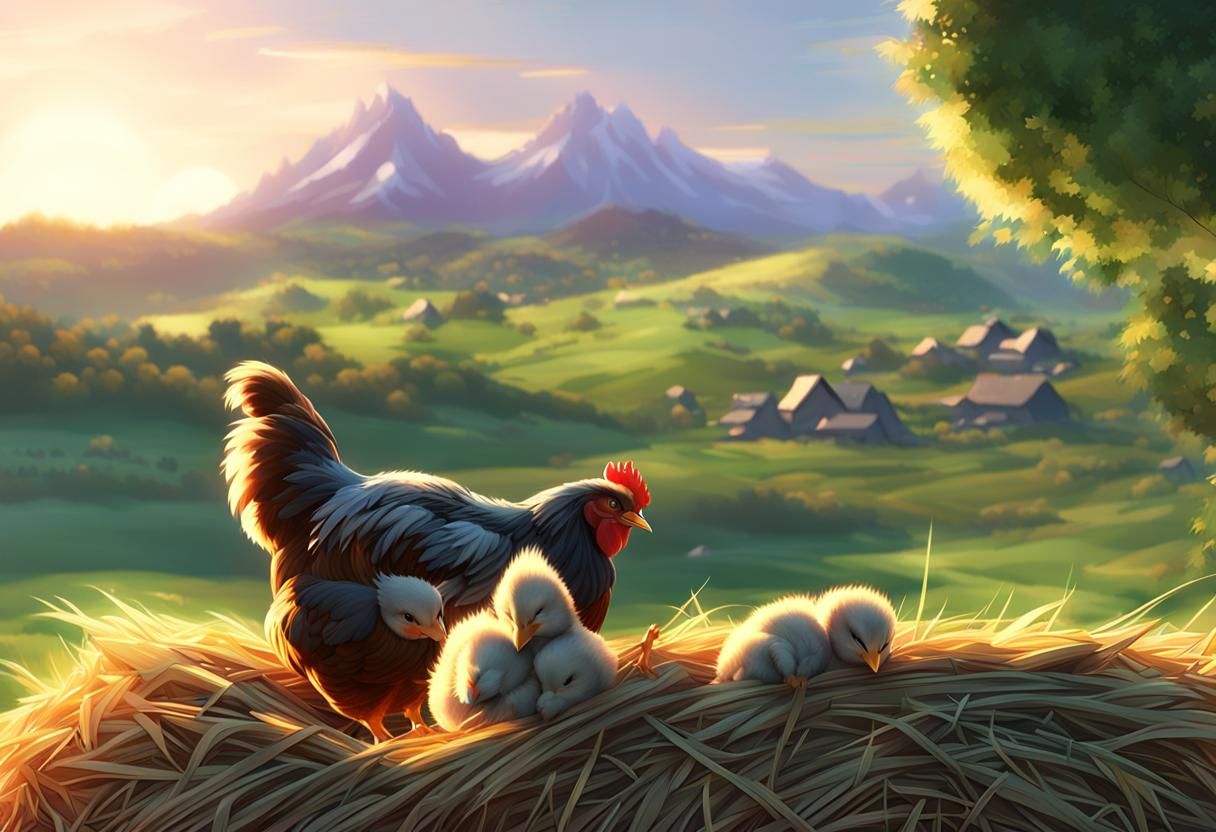 Hen and Chicks Pecking Hay Bale: 3D Anime Art