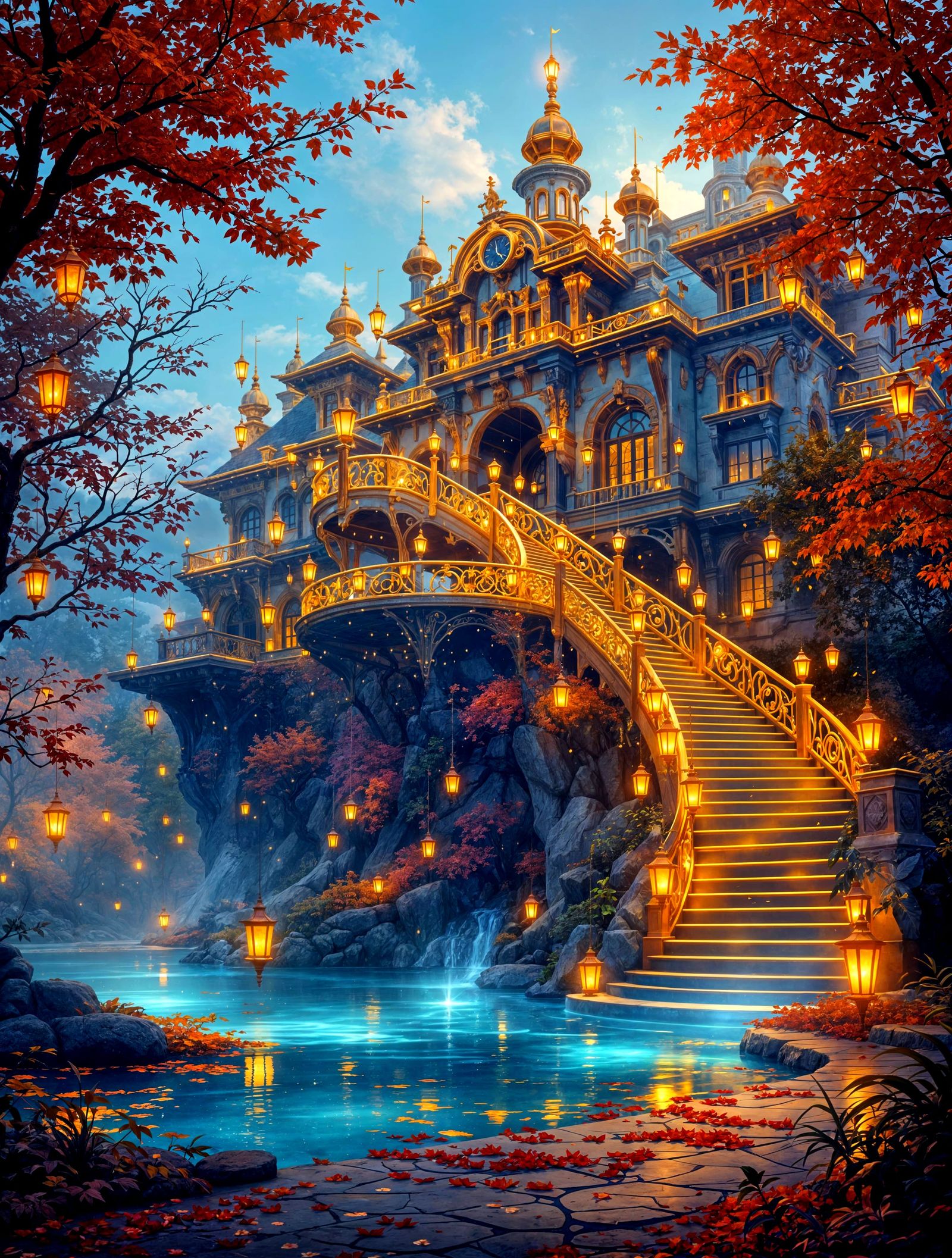 Opulent Mansion with Golden Stairs and Mystical Pond