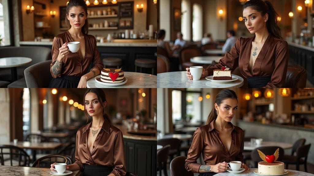 Elegant Woman Poses in Milan Café with Opera Cake