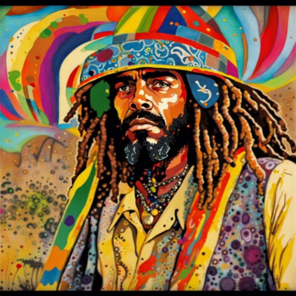 Psychedelic Rastaman Portrait in Expressionist Watercolor St...