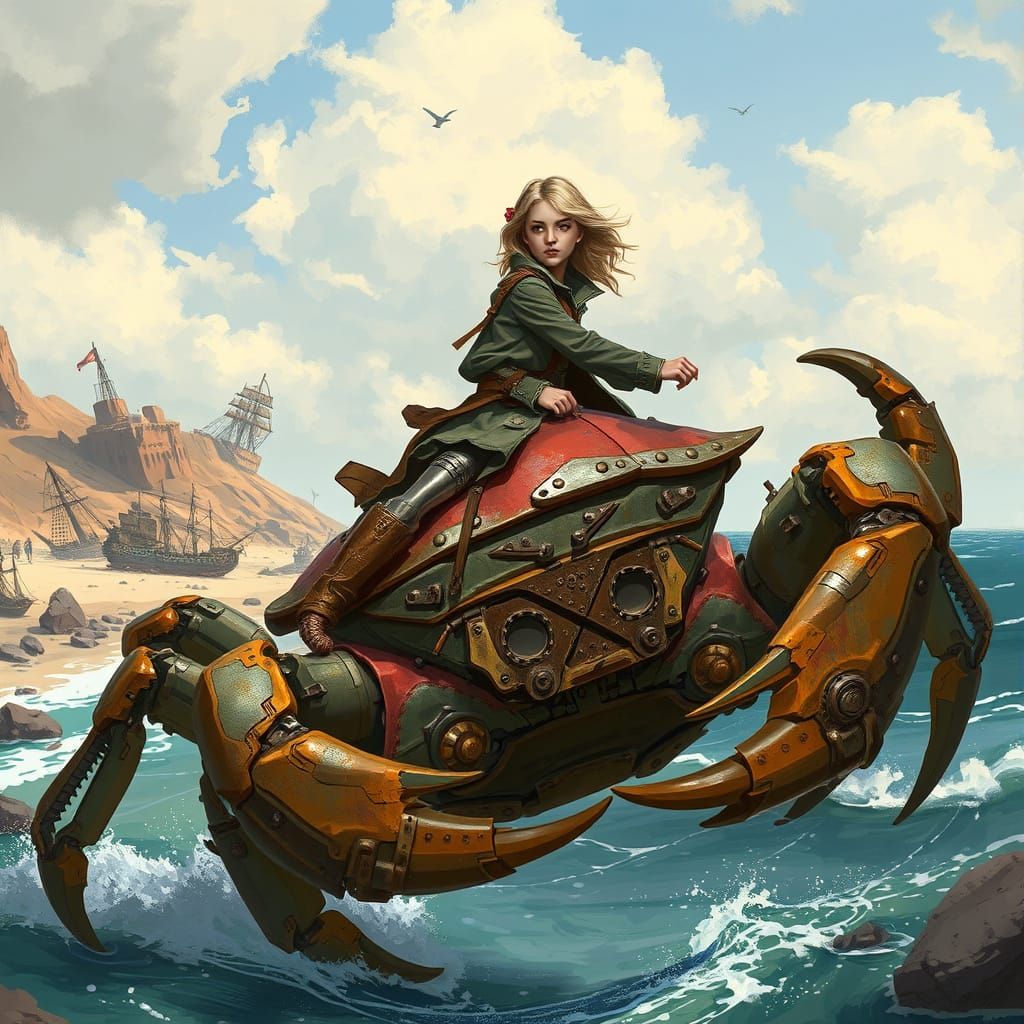 Pirate Woman Rides Giant Crab on Sunburnt Coast