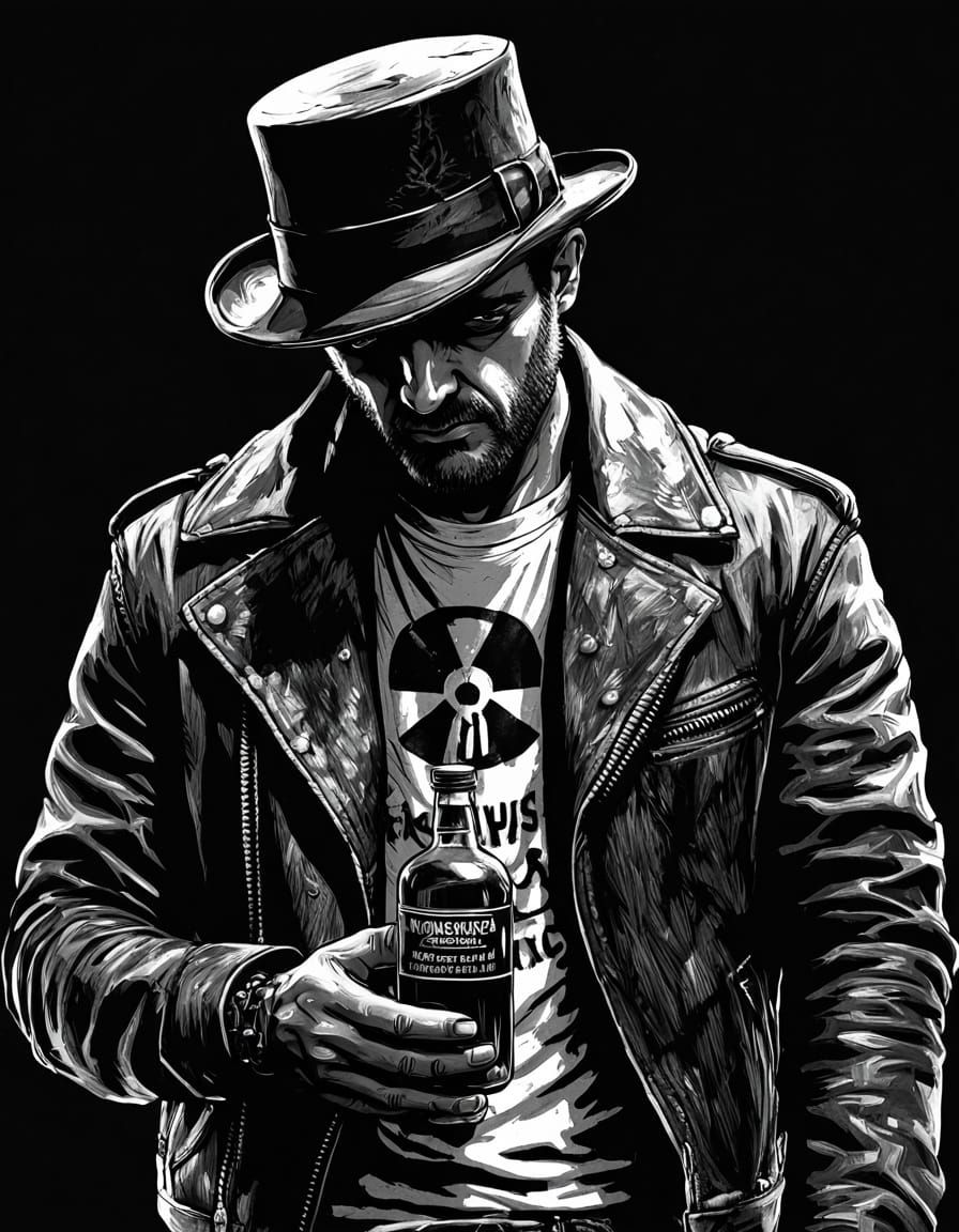 Sad Man in Apocalyptic Portrait, Inked Black and White