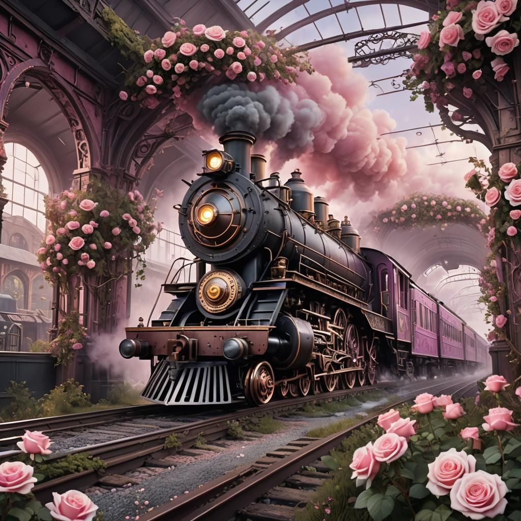 Steampunk Train with Roses in Digital Airbrush Style