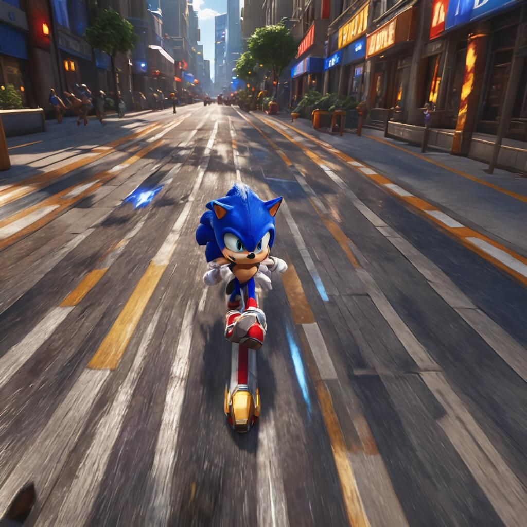 Sonic the Hedgehog speeding down the busy city sidewalk