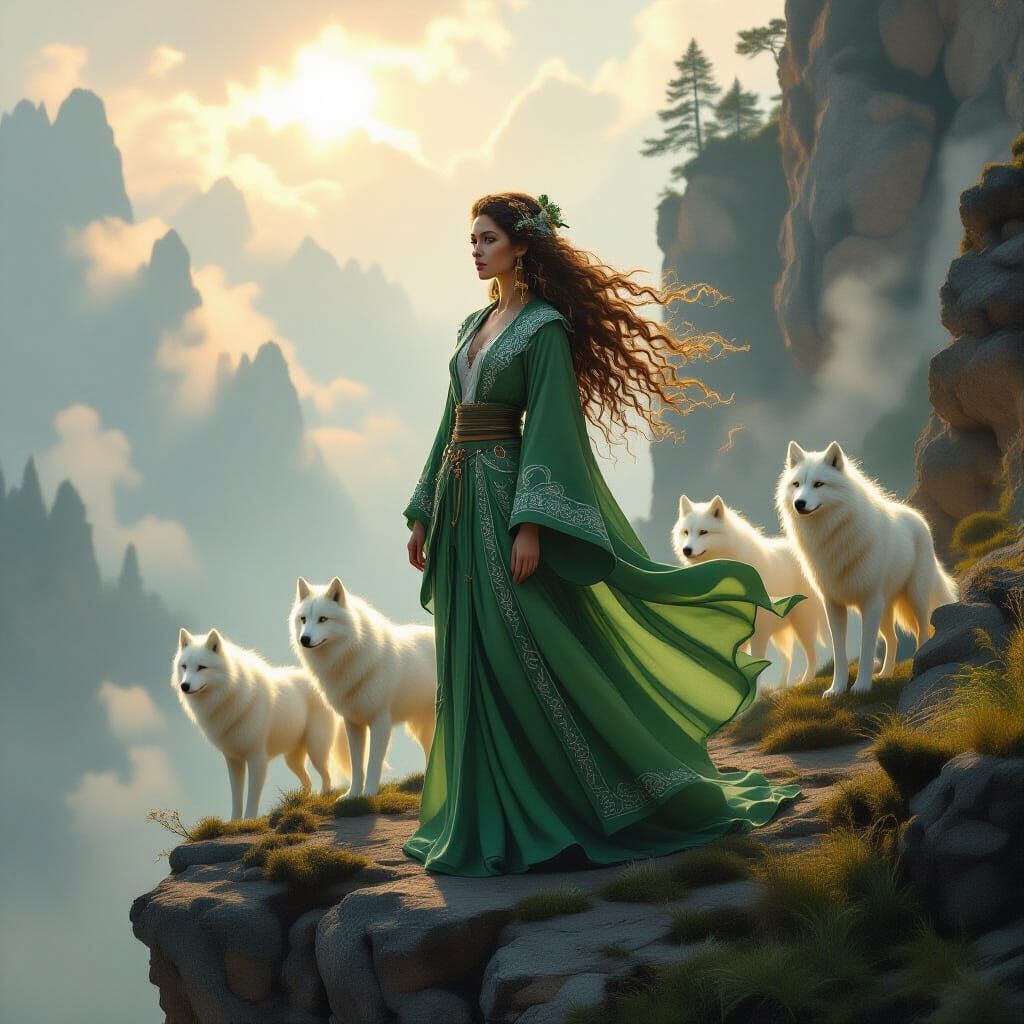 Ethereal Forest Spirit with Wolves in Sunlight
