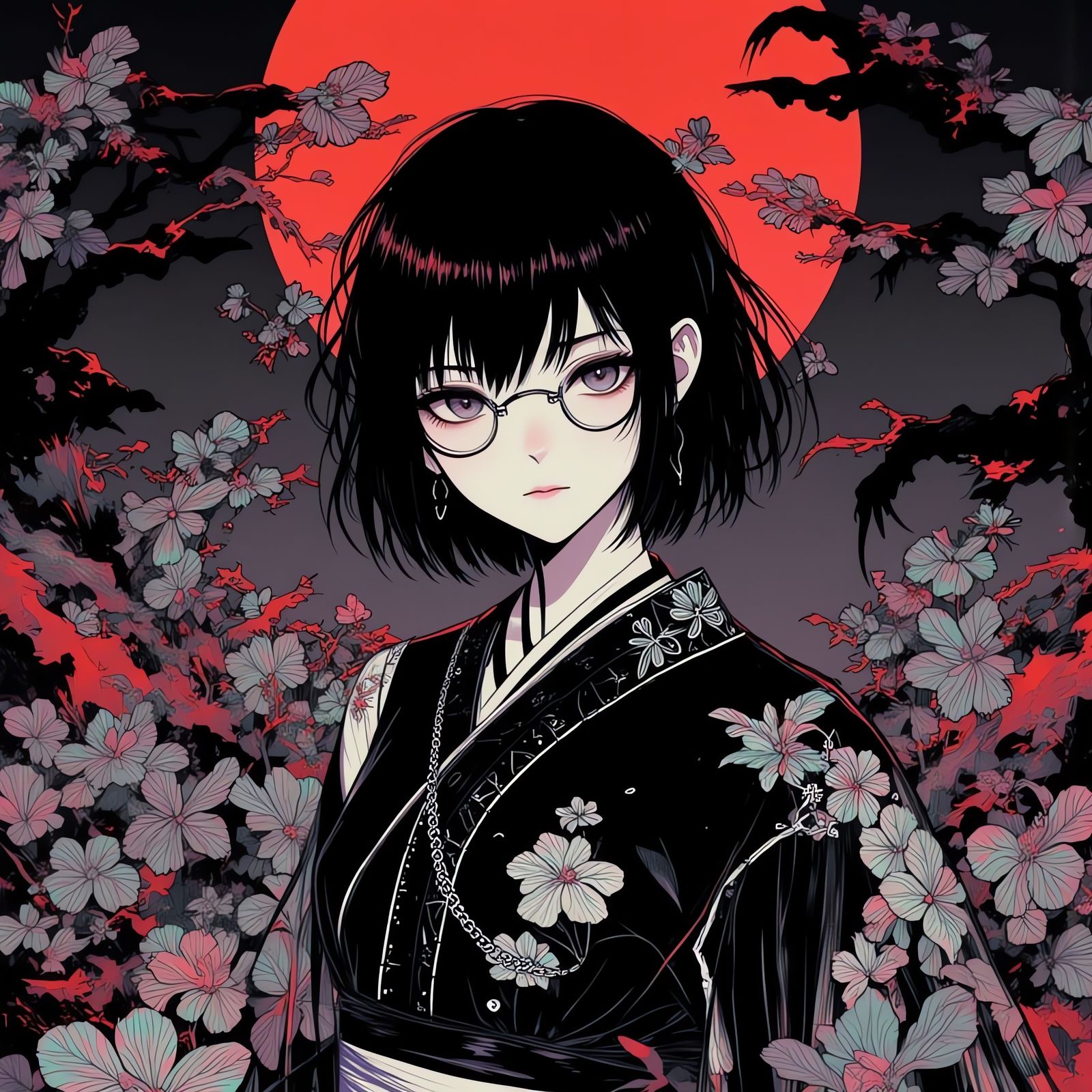 Red moon and woman in black kimono