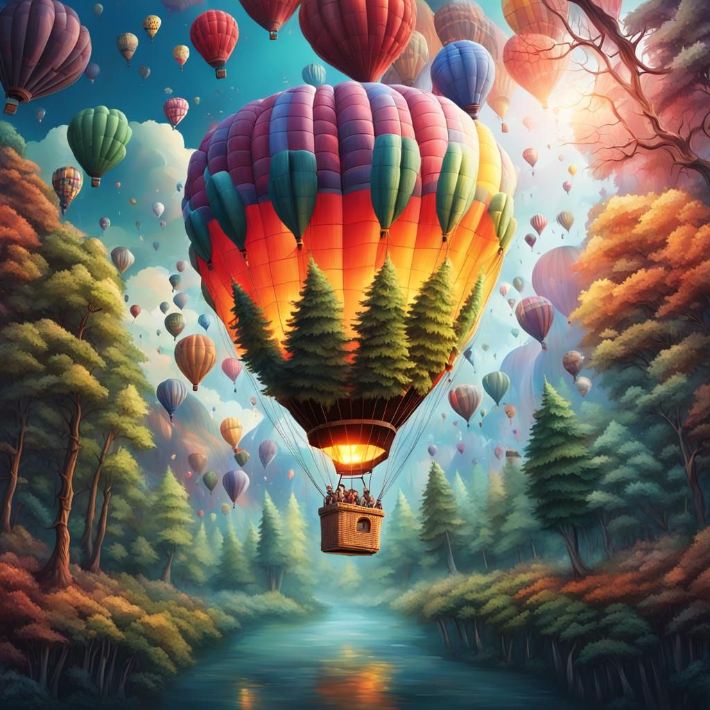 Exploding Hot Air Balloon Over Enchanted Forest