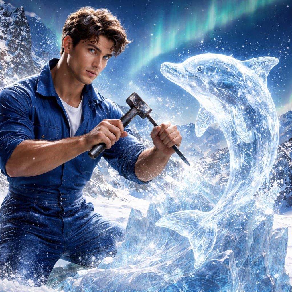 Man Sculpts Ice Dolphin in Snow - Hyperrealism Digital Art