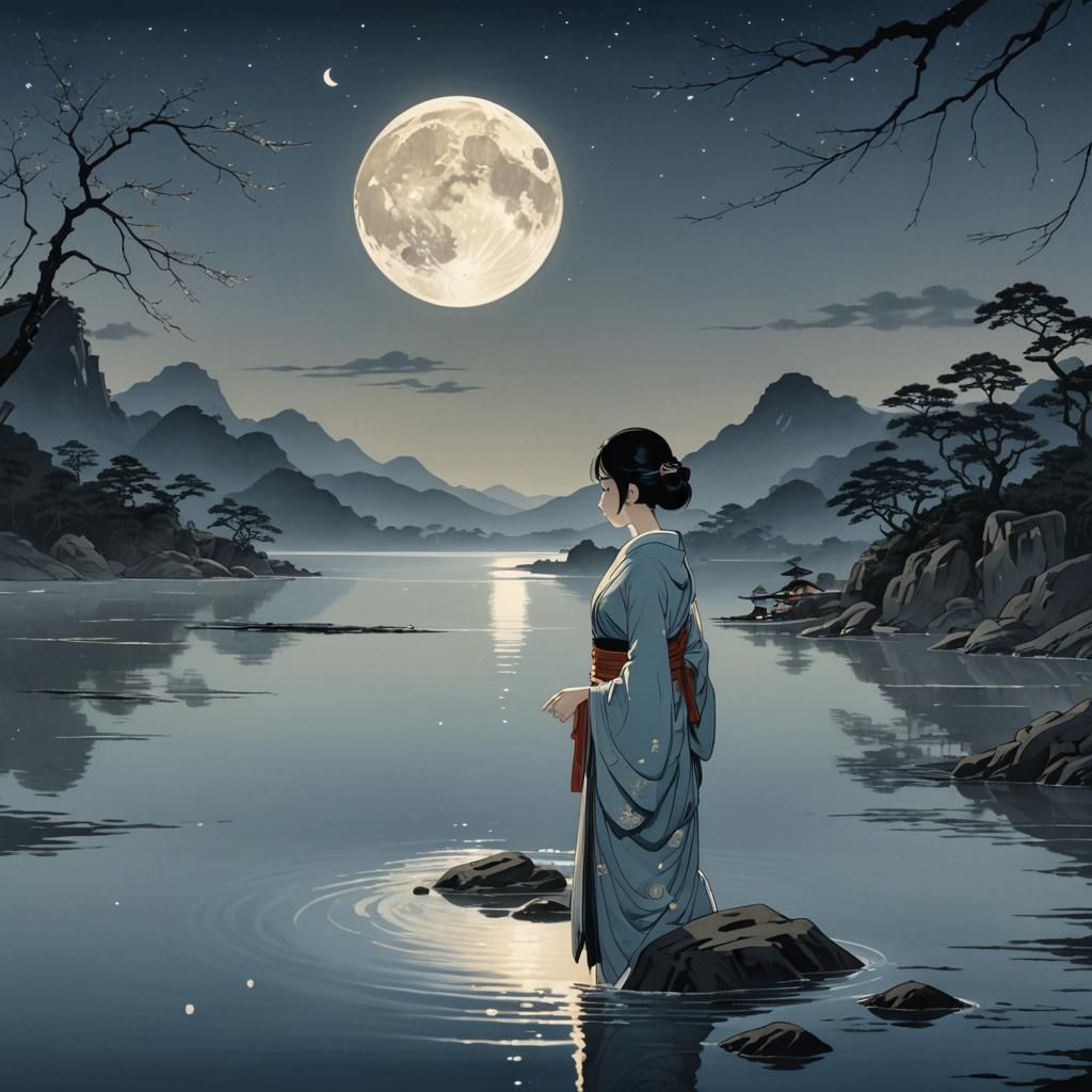 Thai Woman Under Moon in Ukiyo-e Anime Style
