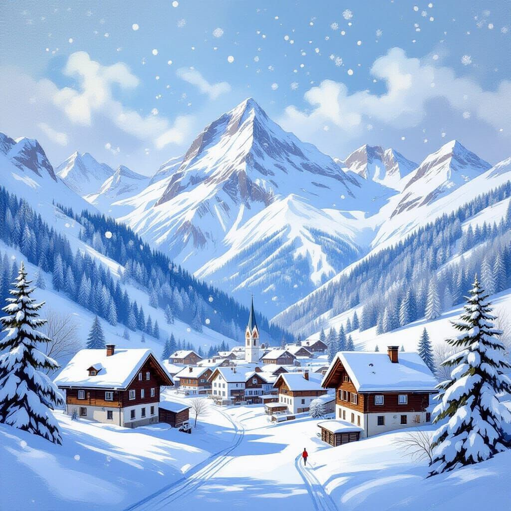 Snowy Swiss Alps Village in Epic Impressionist Style