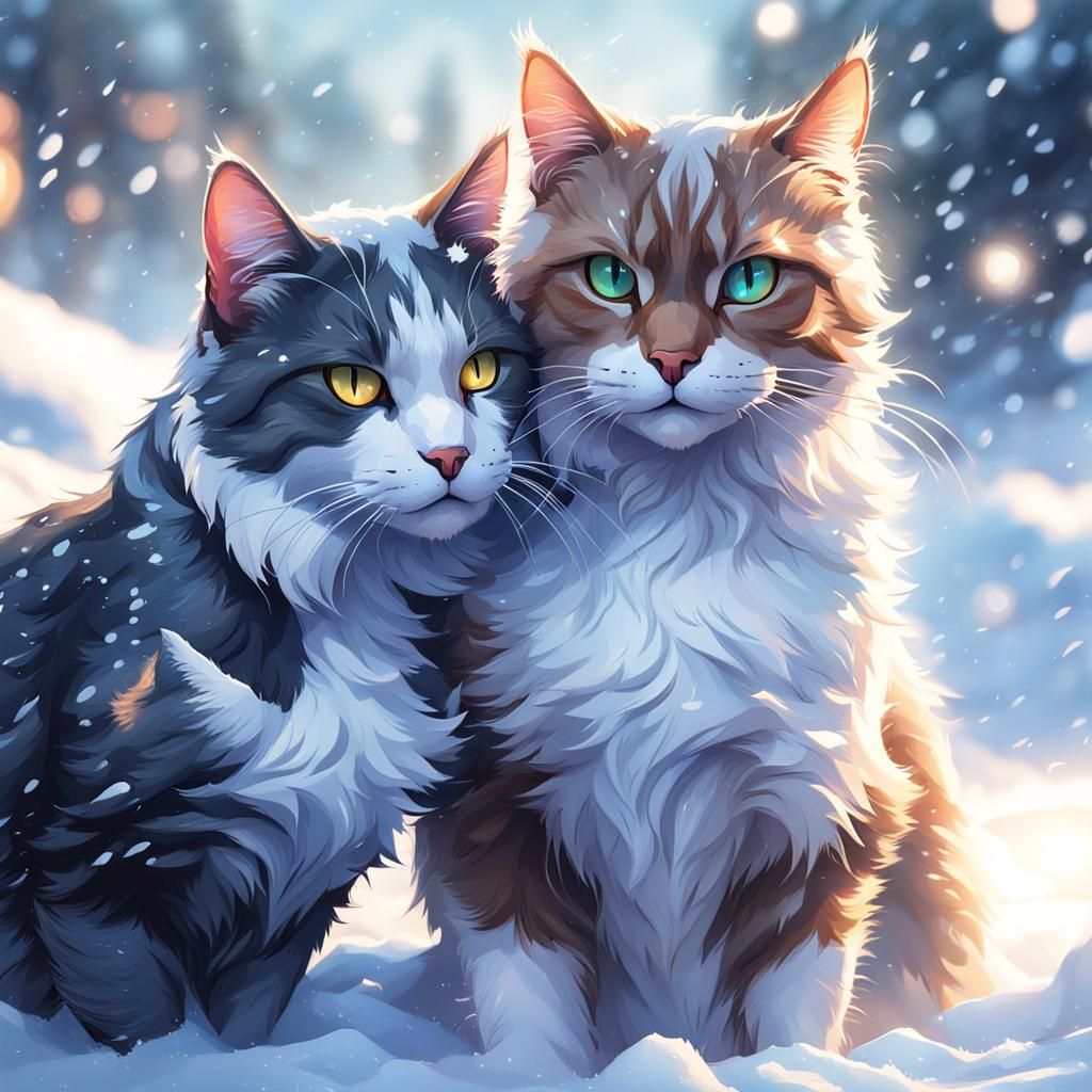 Cats Playing in Snow: Hyperdetailed Art Portrait