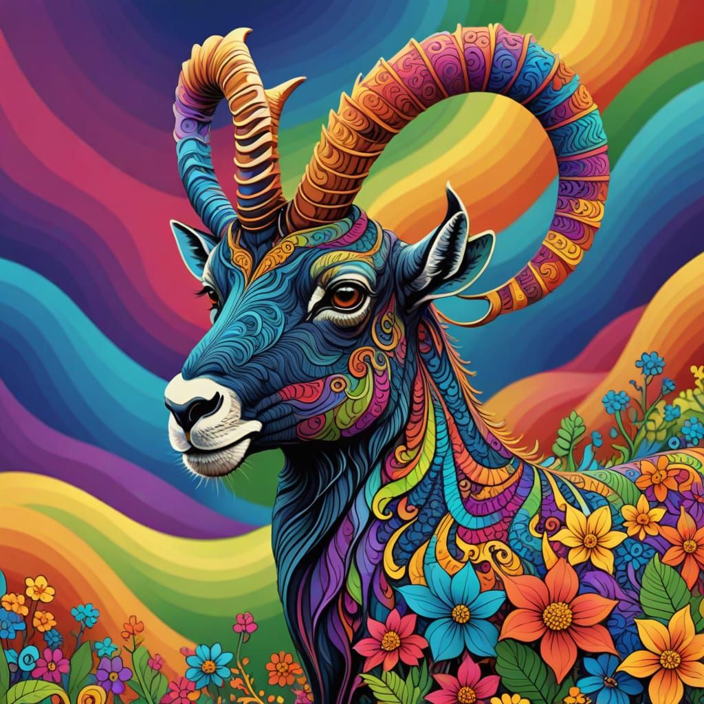 Psychedelic Ibex Portrait with Fractal Flowers