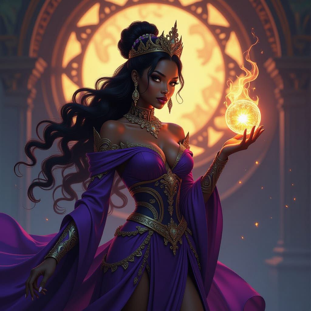 African American Princess Wielding Dragon Magic in Dark Fant...
