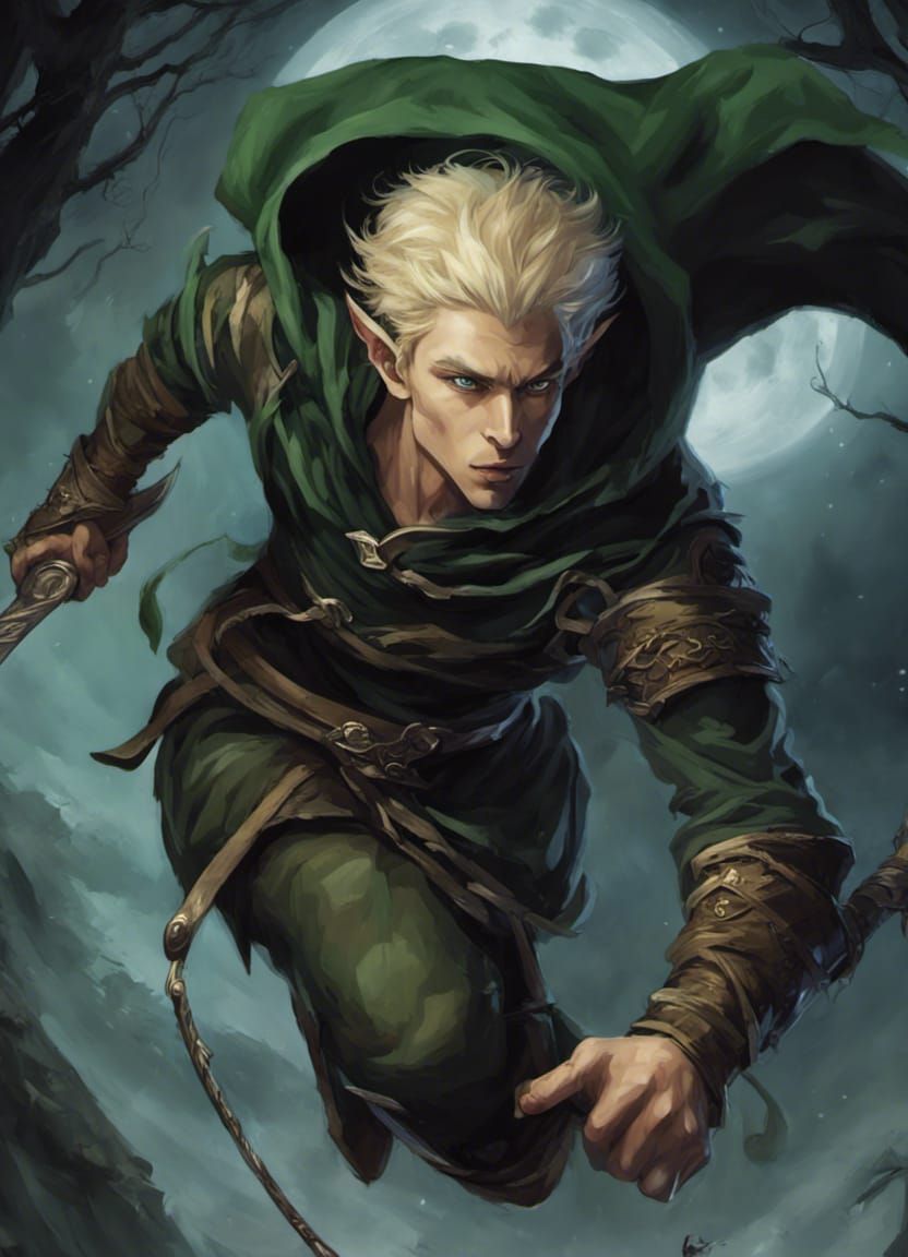 Wood Elf Attacks with Daggers in Moonlight