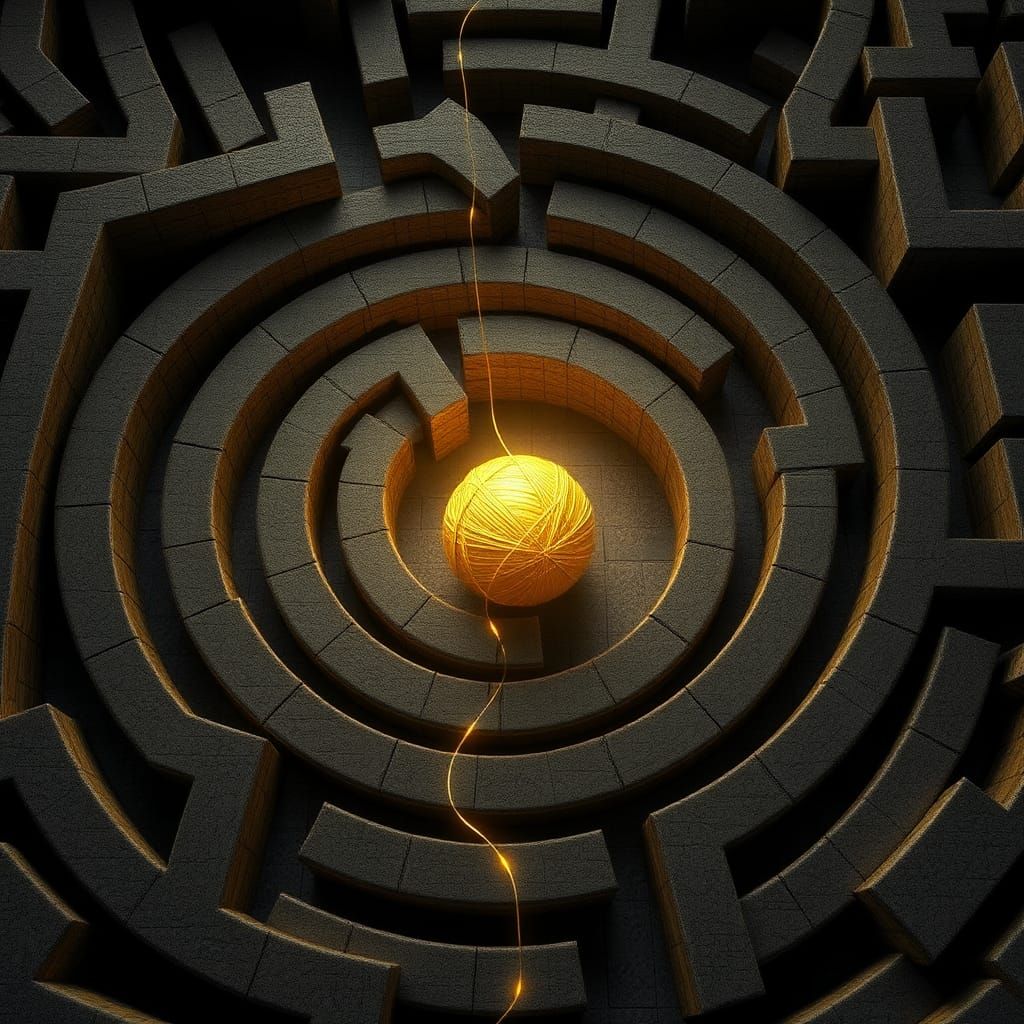 Labyrinth Maze with Ariadne's Thread in 3D Render