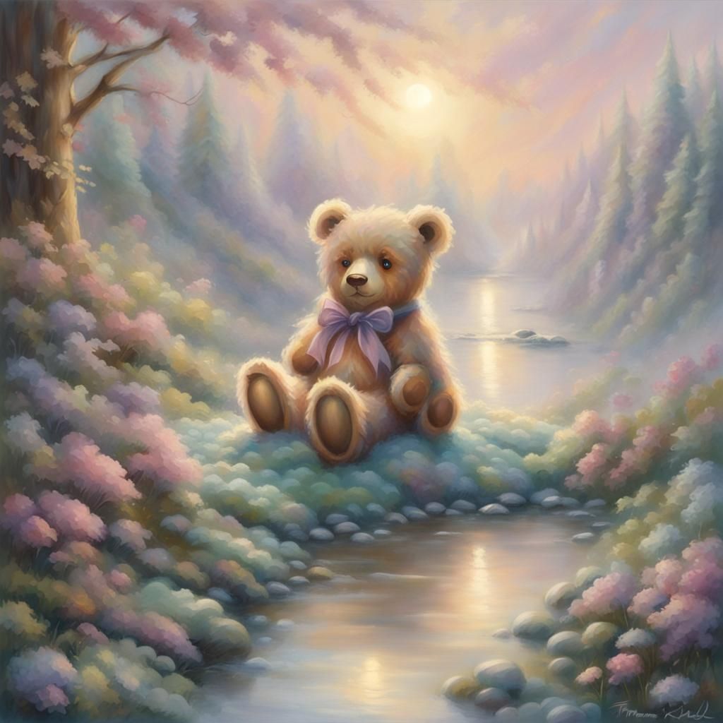 Pastel Teddy Bear in Ethereal Fantasy Landscape