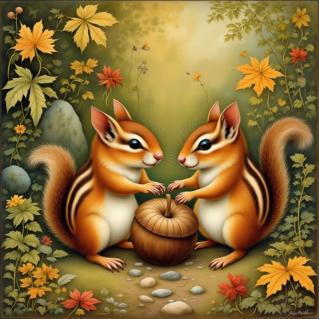 Chipmunks Arguing Over Acorn in Enchanted Fall Forest