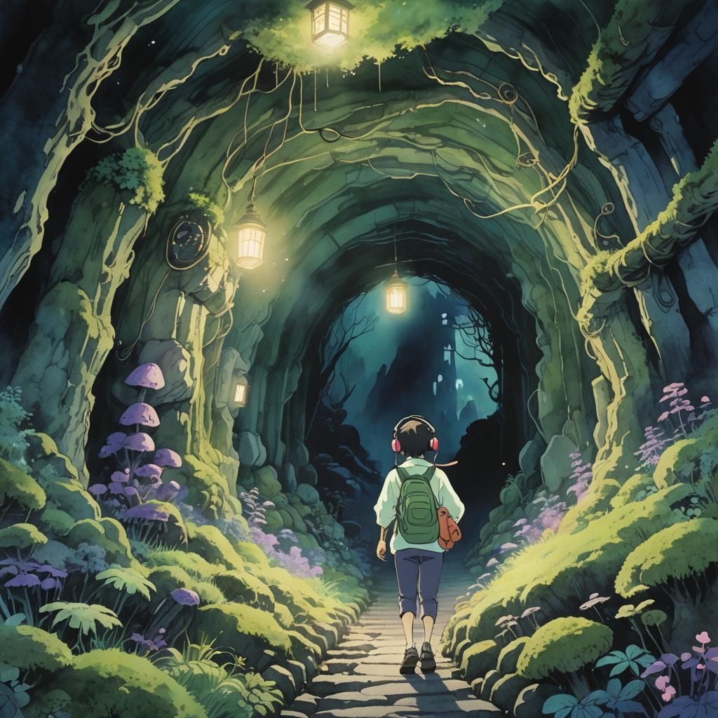 Mountain Apparition Fight: Ghibli-Inspired Watercolor