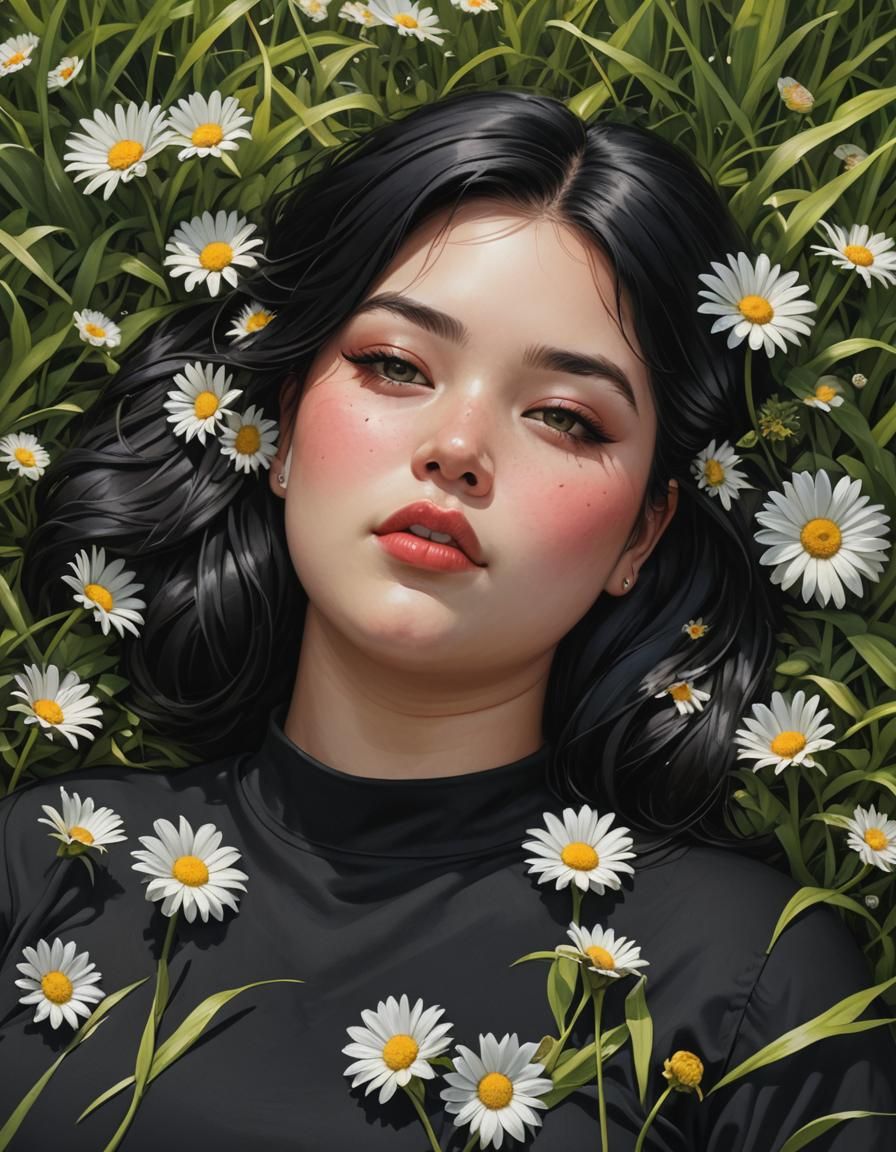 Woman with Black Hair in Daisy Field Portrait