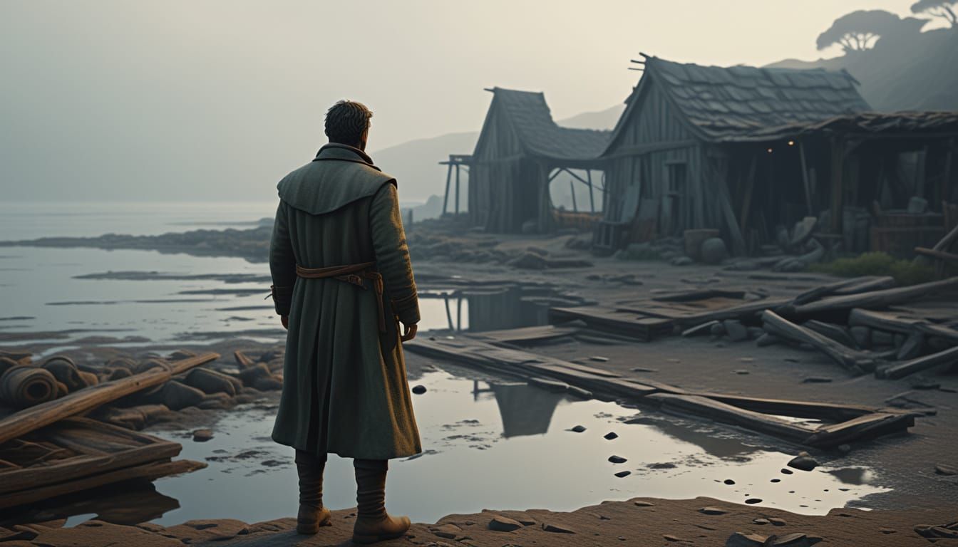 Traveler Sage in Ruined Workshop Overlooking Misty Sea