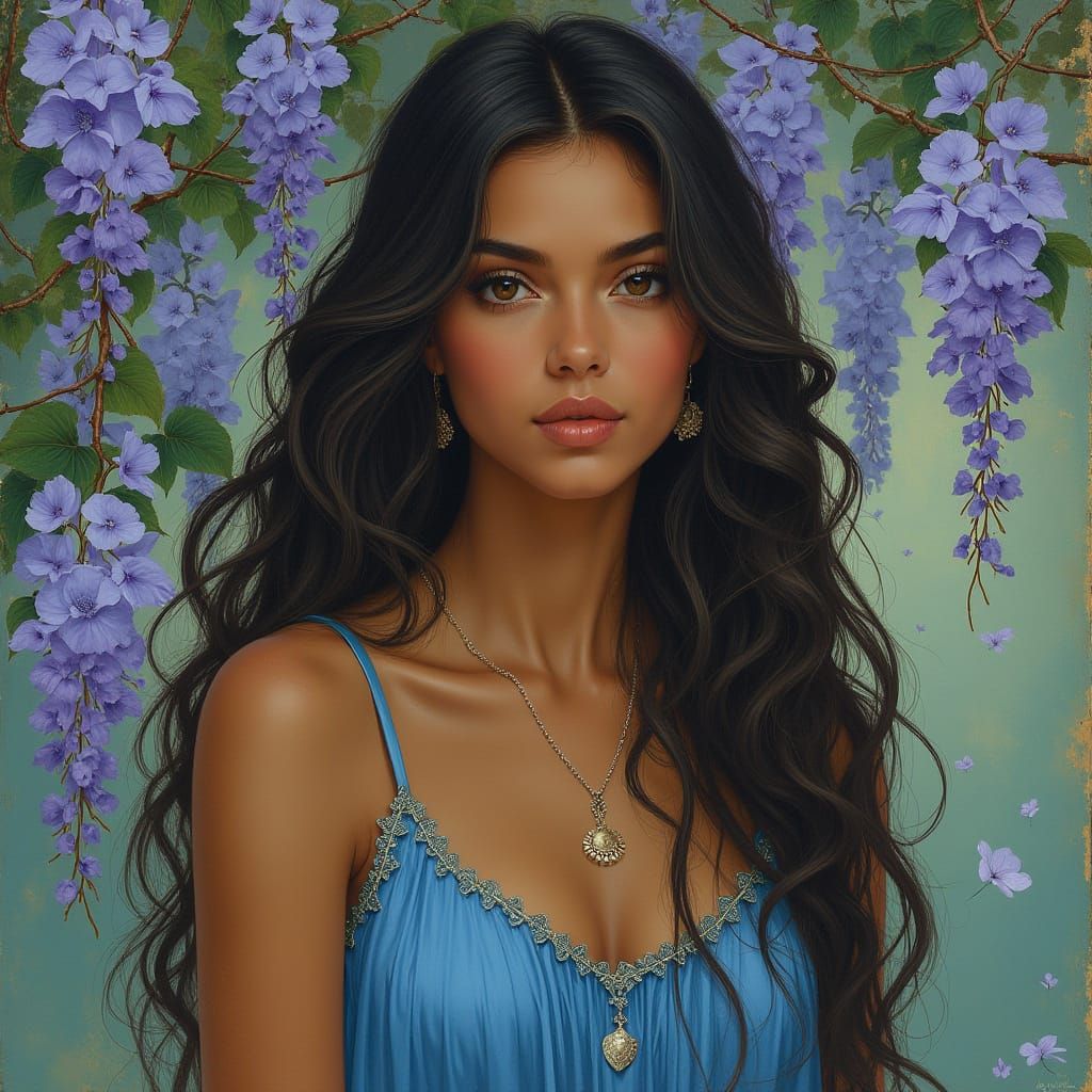 Woman Surrounded by Flowers, Art Nouveau Style