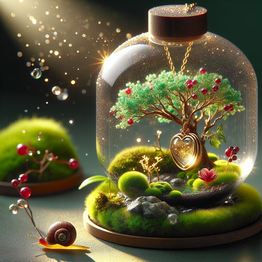 Whimsical Terrarium with Cherry Tree and Golden Heart