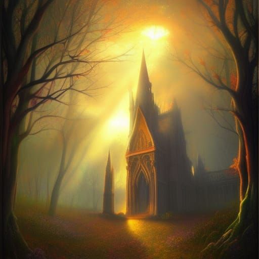 Gothic Library Scene with Woman and Dog