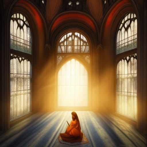 Gothic Library Scene with Woman and Dog