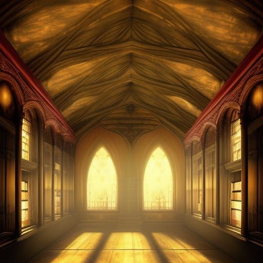 Gothic Library Scene with Woman and Dog