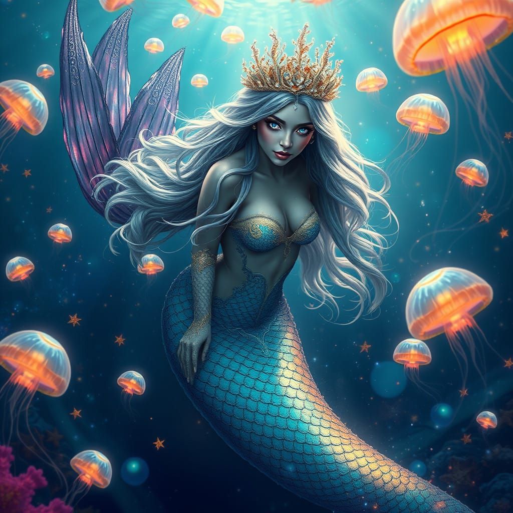 Hyper-Realistic Mermaid Emerges from Bioluminescent Ocean in...