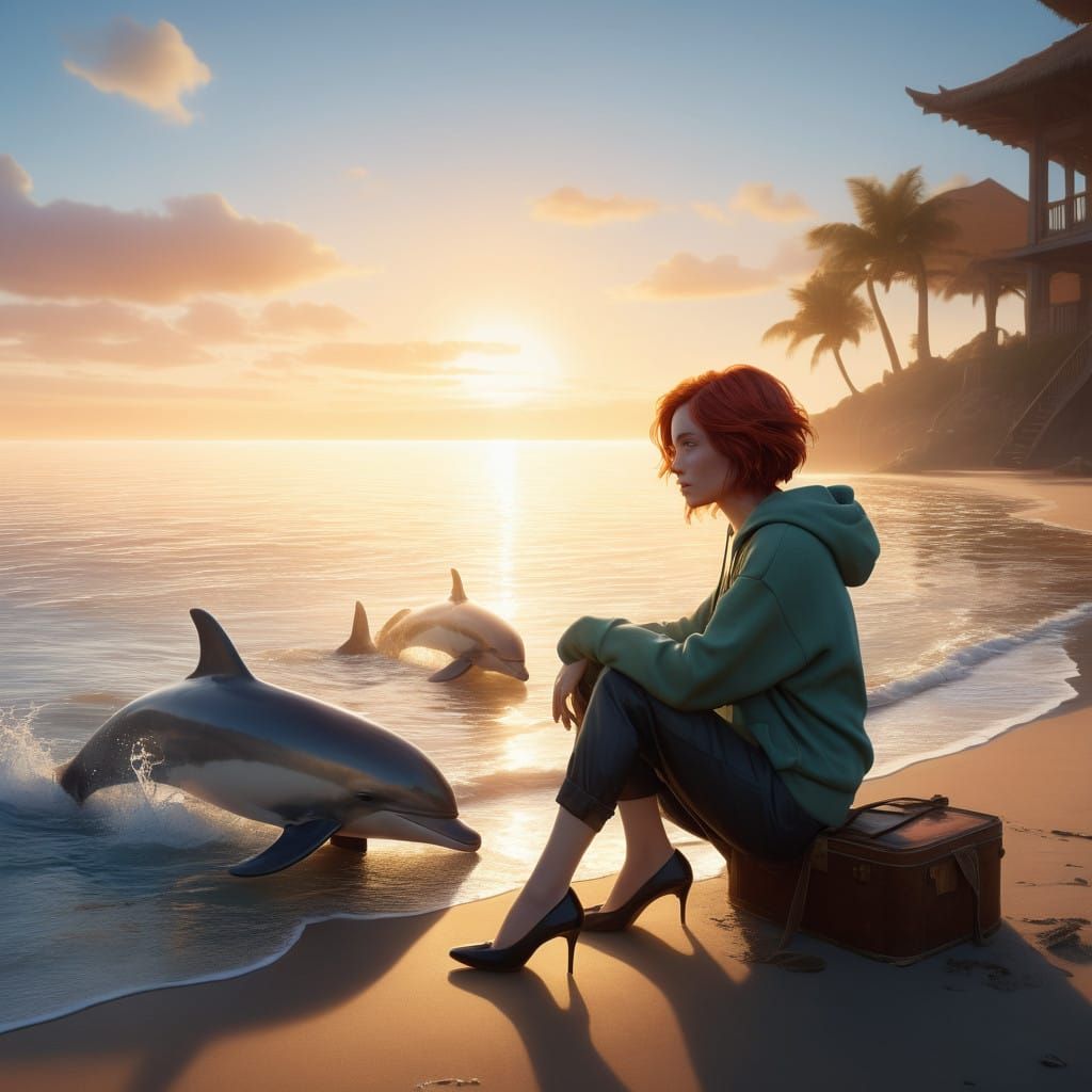 Confident Woman Engages with Dolphins in Sunrise Ocean Scene