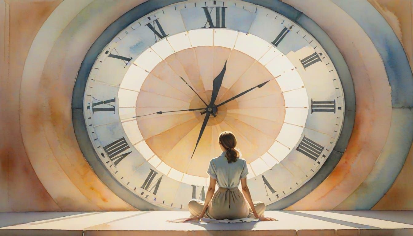 Woman Before Giant Clock, Watercolor Painting