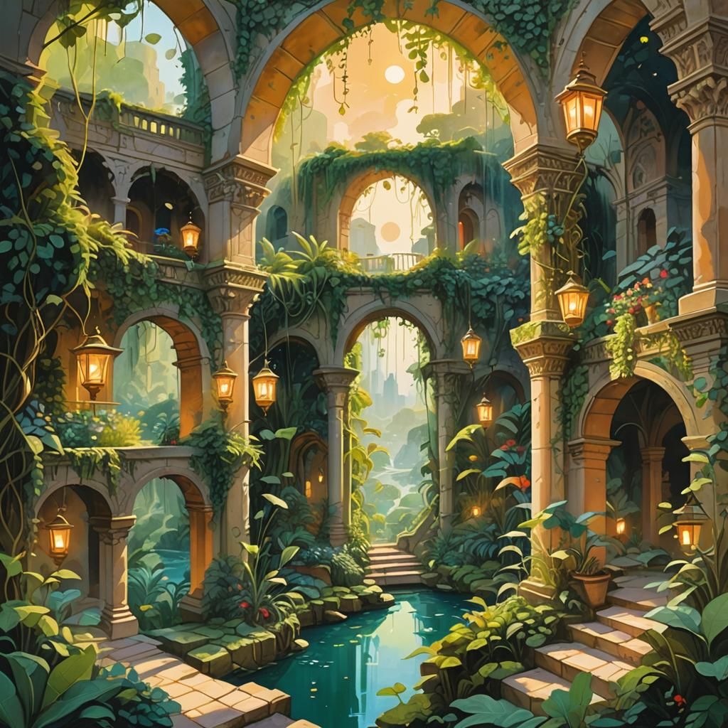 Hanging Gardens of Babylon: Gouache Fantasy Landscape