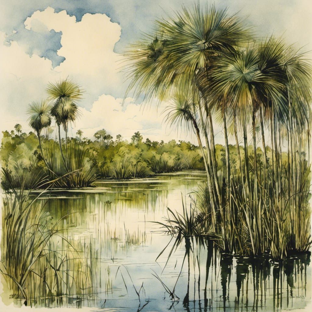 Everglades Landscape Illustration in Arthur Rackham Style
