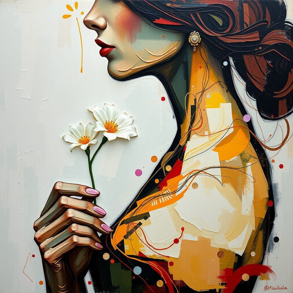 Surreal Woman in Profile with Delicate Flower and Tear, in A...