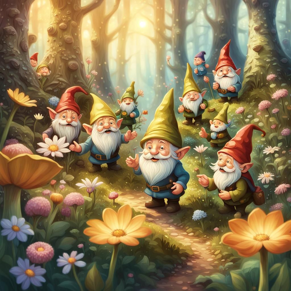 Gnomes and Duendes in Lush Forest, Watercolor Style