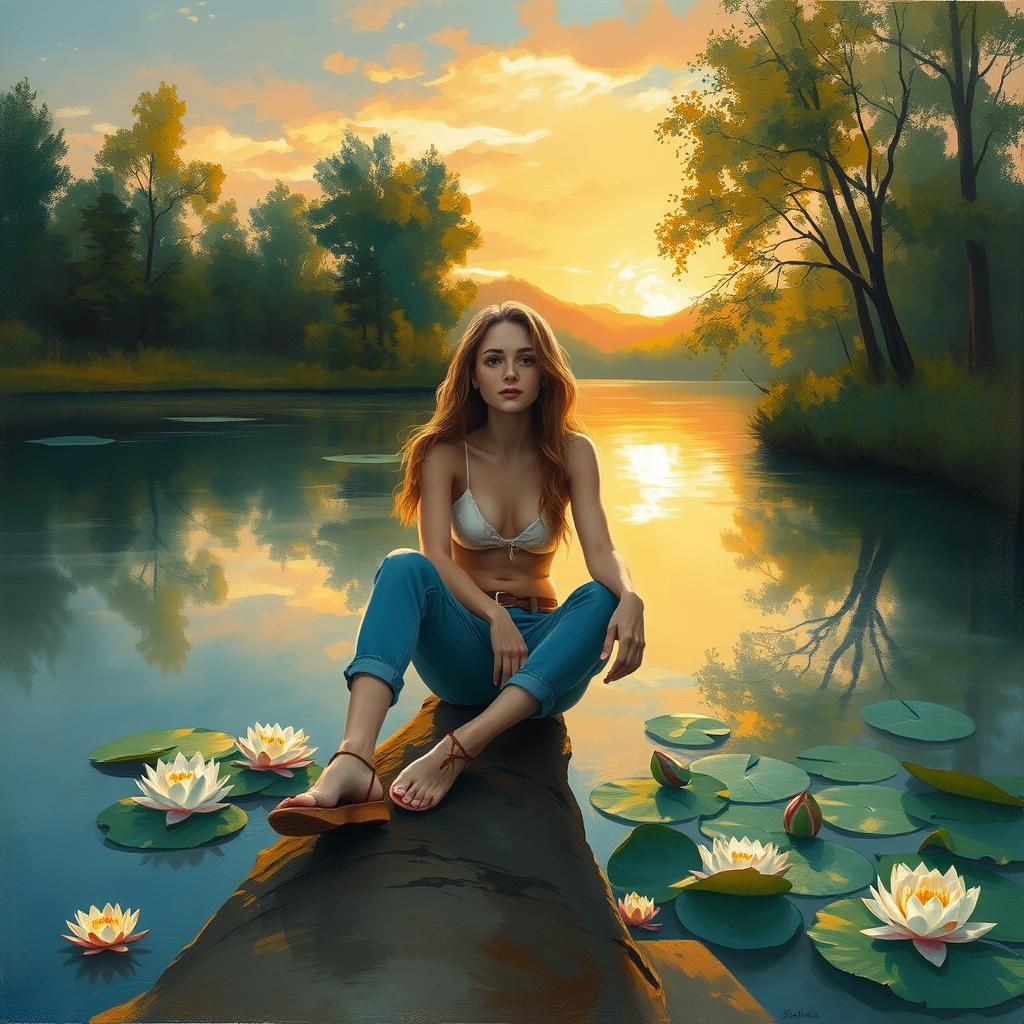 Woman at Lake Sunset in Impressionistic Style